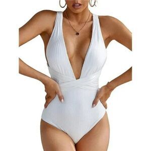 Women One Piece White Swimsuits, High Waisted Ribbed Plunge Bathing Suit